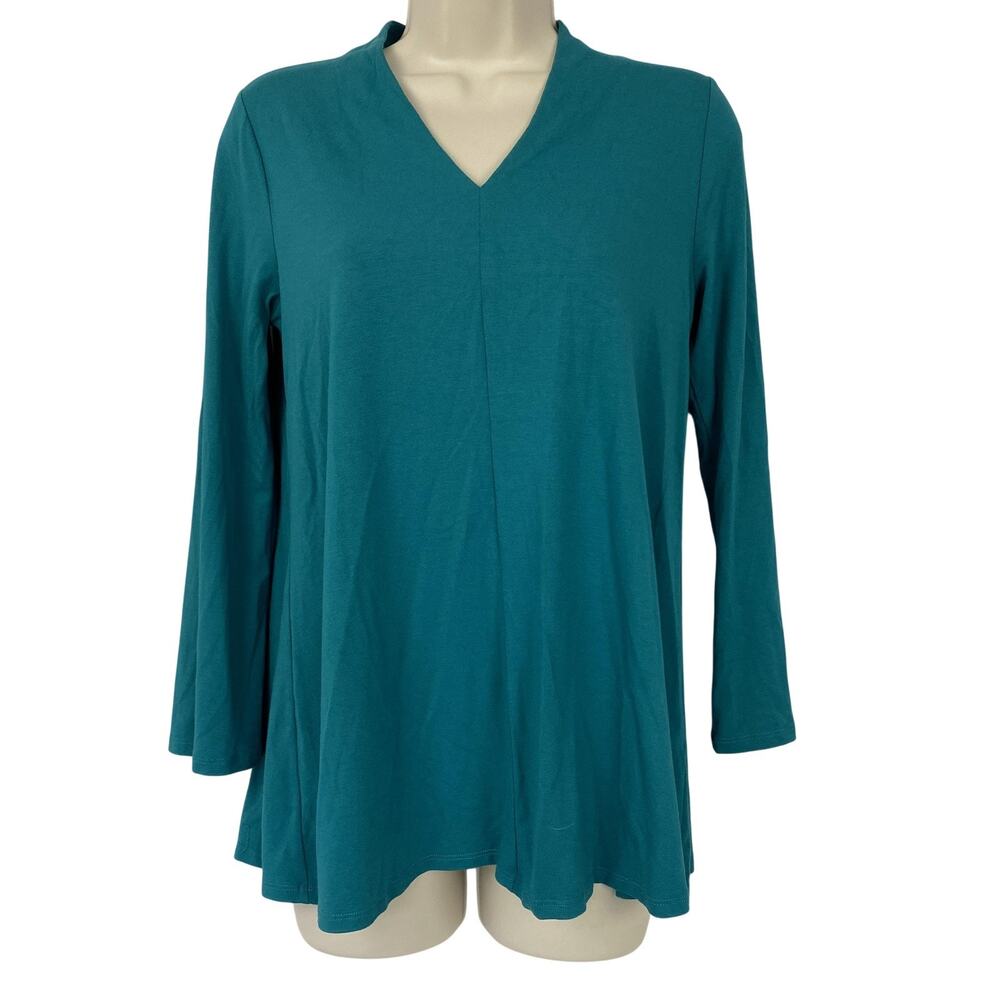 Eileen Fisher Tunic Top Womens Extra Small Teal Blue V Neck Stretch Knit Swing